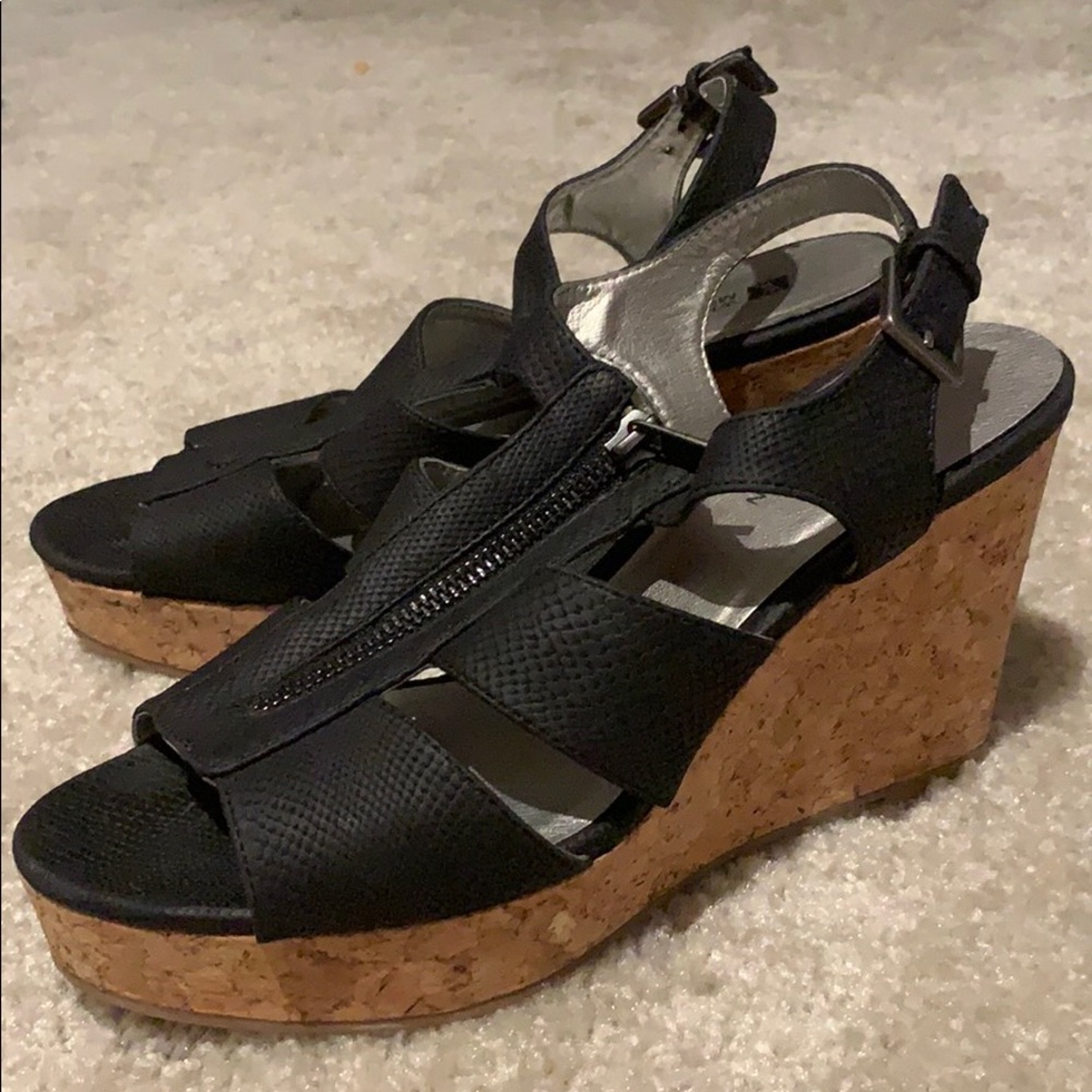 Heels: Black with cork wedge